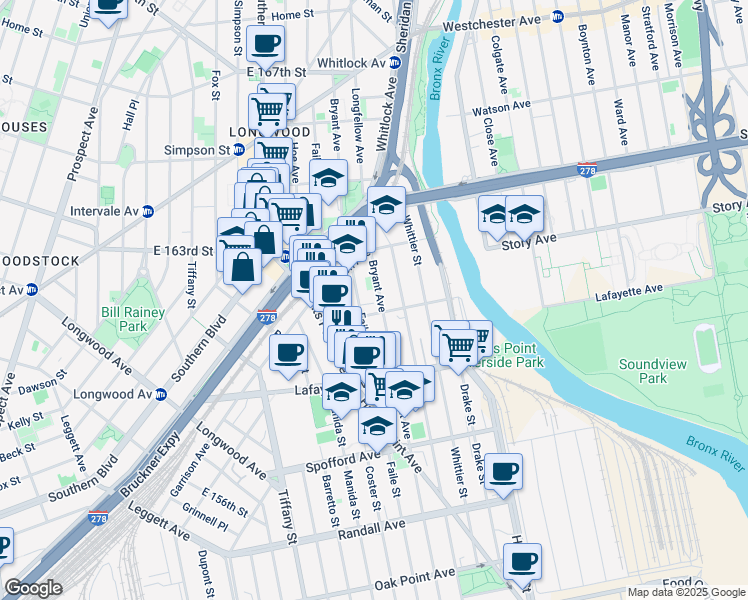 map of restaurants, bars, coffee shops, grocery stores, and more near 887 Bryant Avenue in The Bronx