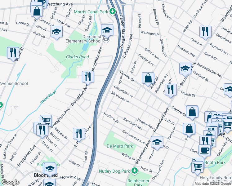 map of restaurants, bars, coffee shops, grocery stores, and more near 160 Mount Vernon Street in Nutley