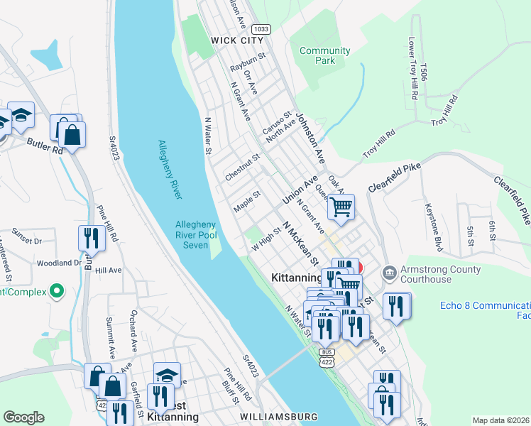 map of restaurants, bars, coffee shops, grocery stores, and more near 257 Union Avenue in Kittanning