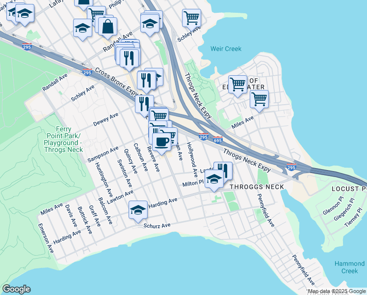 map of restaurants, bars, coffee shops, grocery stores, and more near 295 Hollywood Avenue in Bronx