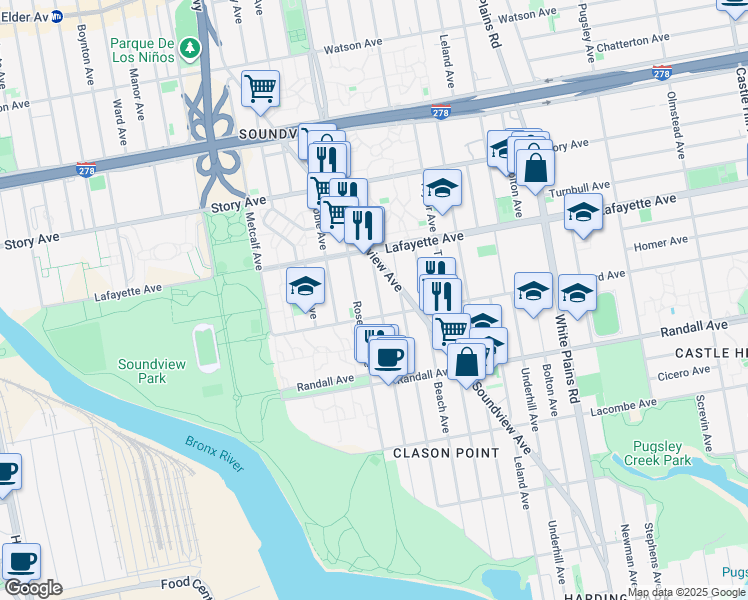 map of restaurants, bars, coffee shops, grocery stores, and more near 720 Rosedale Avenue in Bronx