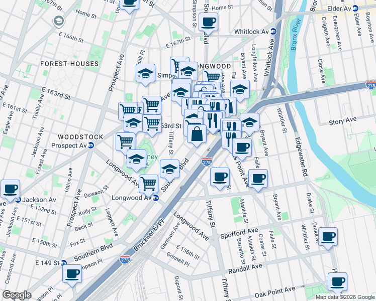 map of restaurants, bars, coffee shops, grocery stores, and more near 901 Southern Boulevard in Bronx