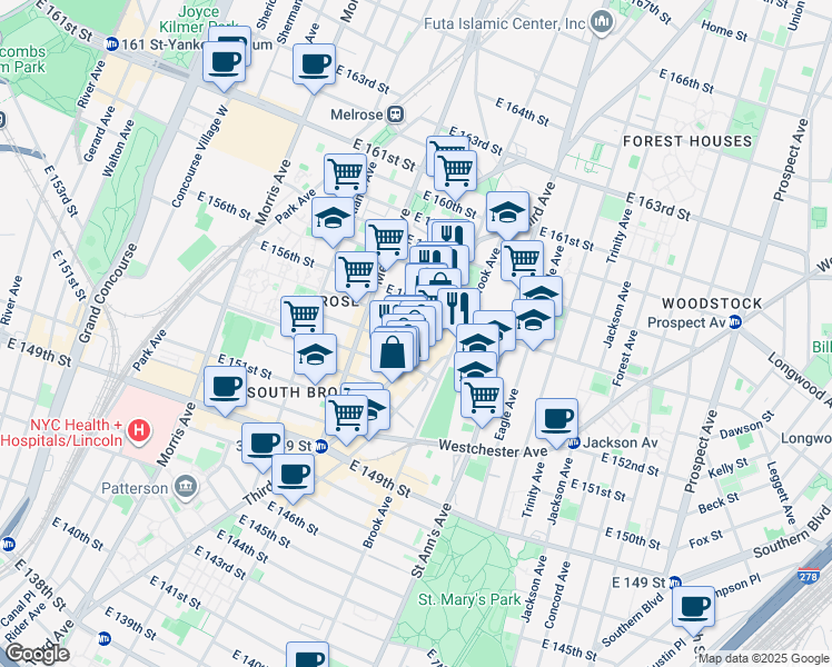 map of restaurants, bars, coffee shops, grocery stores, and more near 464 East 155th Street in The Bronx