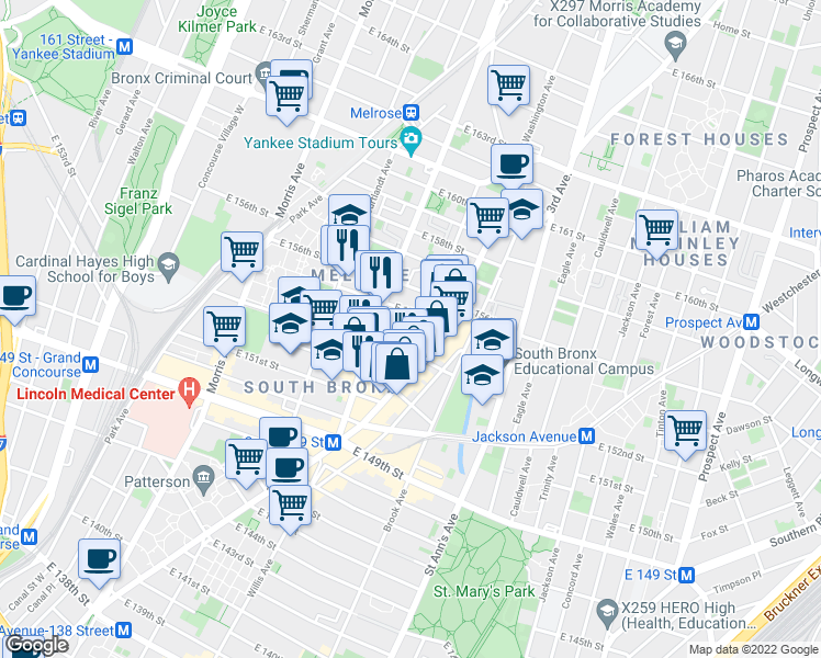 map of restaurants, bars, coffee shops, grocery stores, and more near 413 East 154th Street in Bronx