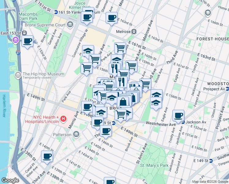 map of restaurants, bars, coffee shops, grocery stores, and more near 378 East 154th Street in Bronx