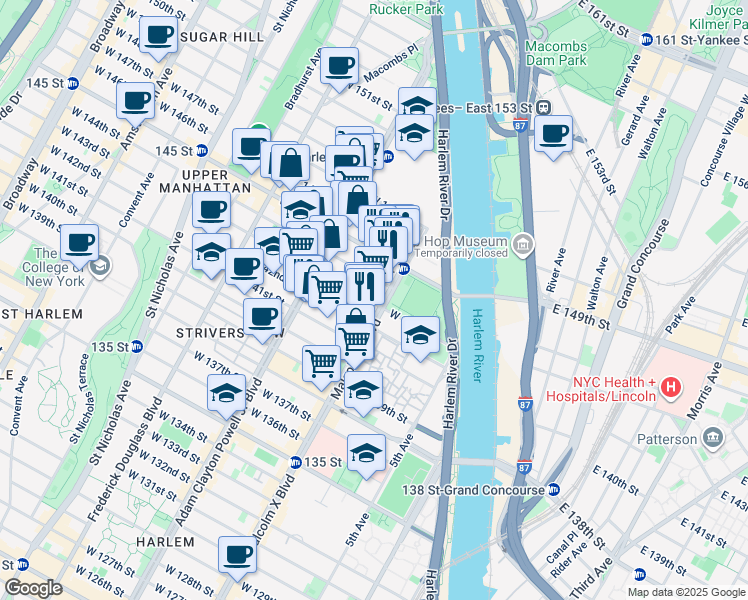 map of restaurants, bars, coffee shops, grocery stores, and more near 105 West 143rd Street in New York