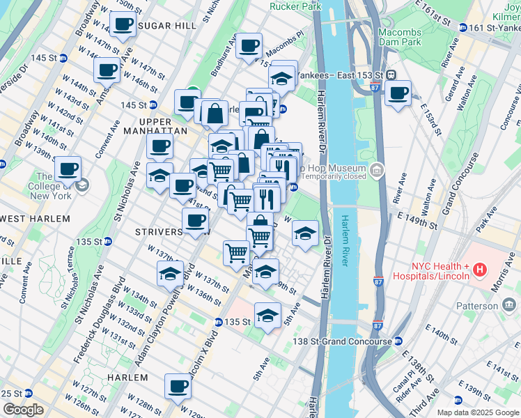 map of restaurants, bars, coffee shops, grocery stores, and more near 105 West 143rd Street in New York