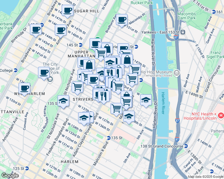 map of restaurants, bars, coffee shops, grocery stores, and more near 2430 Adam Clayton Powell Junior Boulevard in New York