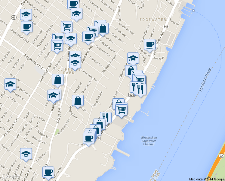 map of restaurants, bars, coffee shops, grocery stores, and more near 154A Undercliff Avenue in Edgewater