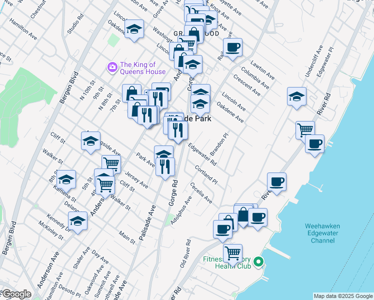 map of restaurants, bars, coffee shops, grocery stores, and more near 132 Edgewater Road in Cliffside Park