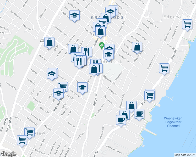 map of restaurants, bars, coffee shops, grocery stores, and more near 180 Edgewater Road in Cliffside Park