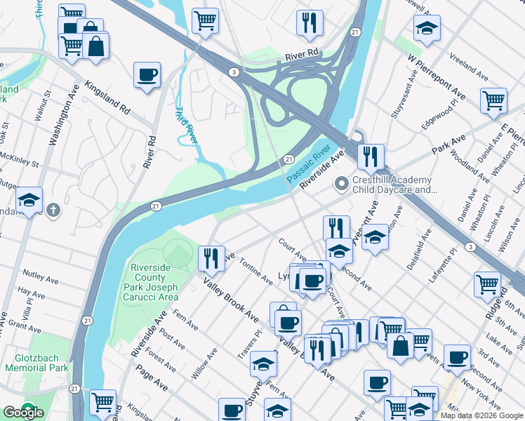 map of restaurants, bars, coffee shops, grocery stores, and more near 162 Riverside Avenue in Lyndhurst