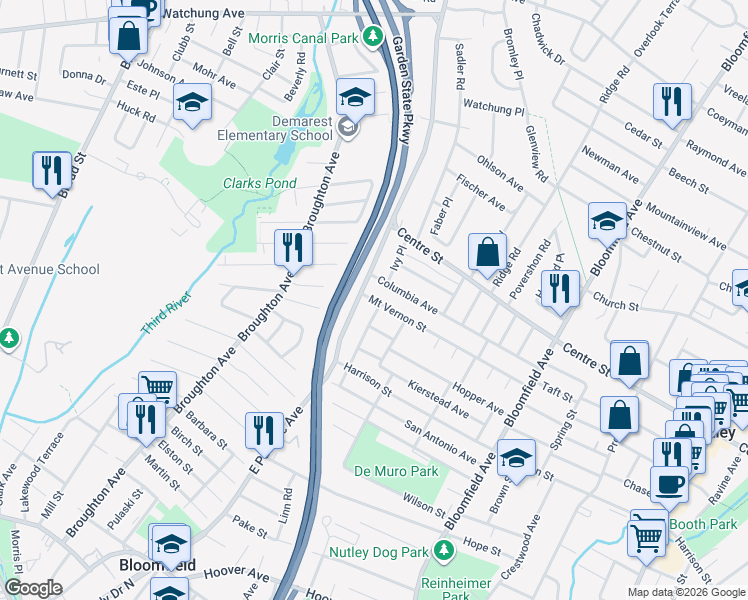 map of restaurants, bars, coffee shops, grocery stores, and more near 160 Mount Vernon Street in Nutley
