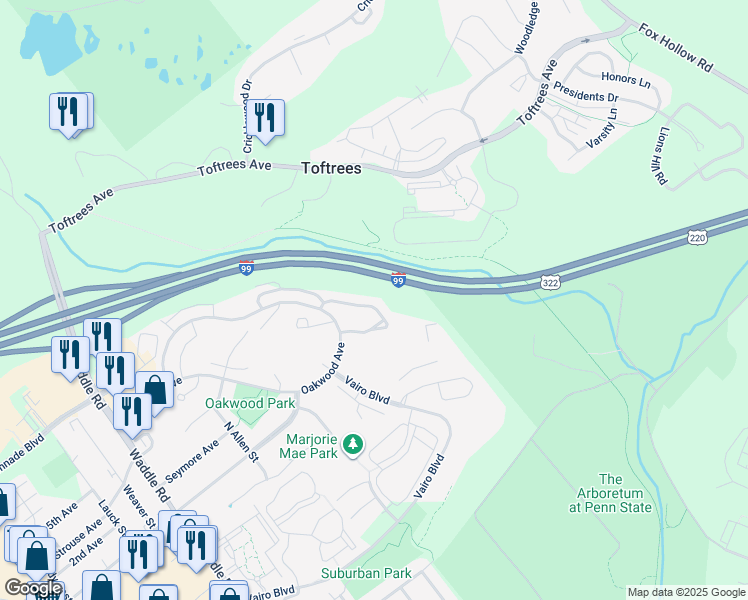 map of restaurants, bars, coffee shops, grocery stores, and more near 642 Oakwood Avenue in State College