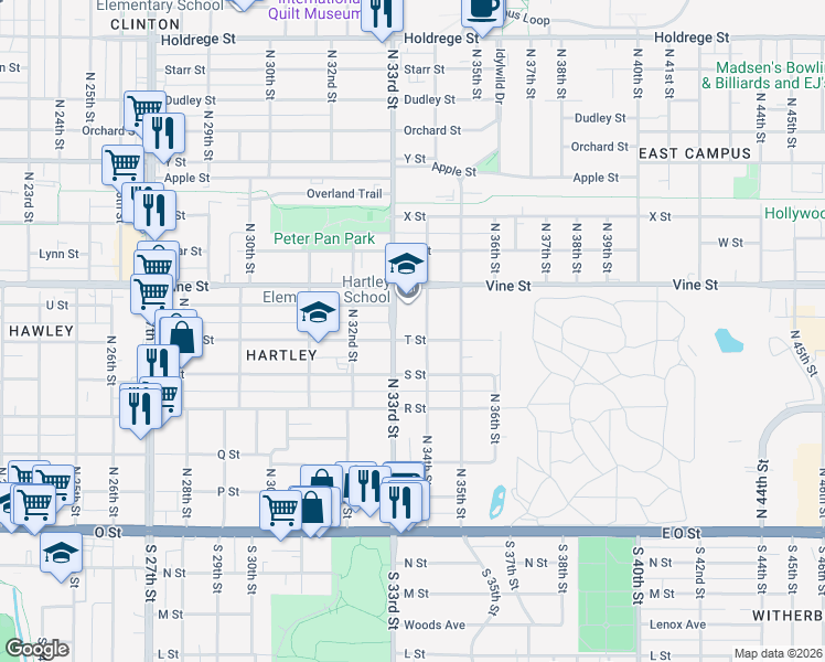 map of restaurants, bars, coffee shops, grocery stores, and more near 3330 T Street in Lincoln