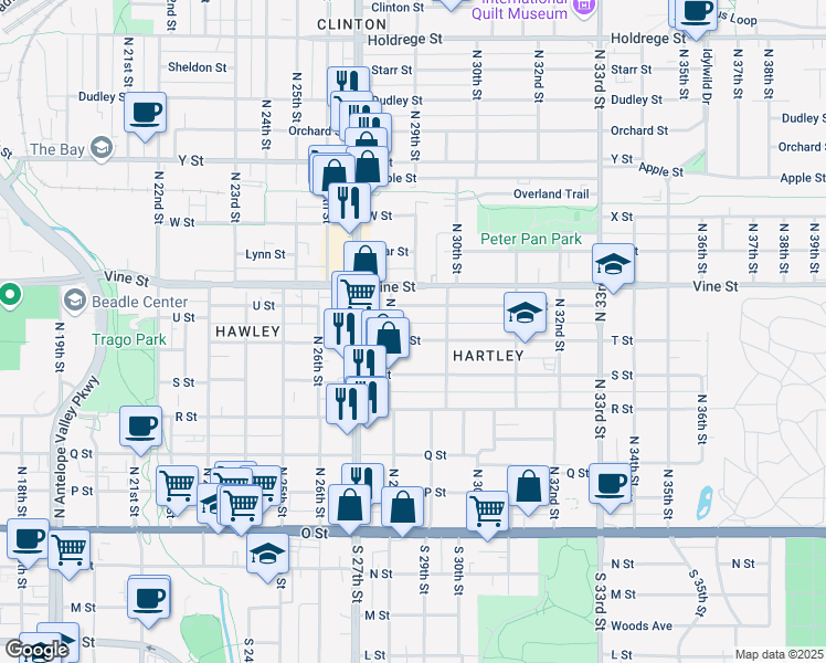 map of restaurants, bars, coffee shops, grocery stores, and more near 2920 T Street in Lincoln