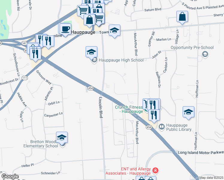 map of restaurants, bars, coffee shops, grocery stores, and more near 24 Timber Ridge Drive in Hauppauge