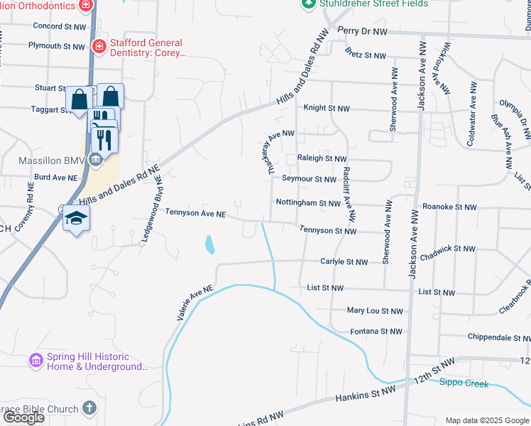 map of restaurants, bars, coffee shops, grocery stores, and more near 1815 Thackeray Avenue Northwest in Massillon