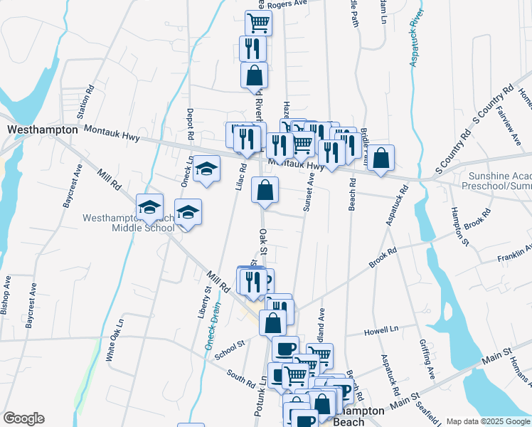 map of restaurants, bars, coffee shops, grocery stores, and more near 70 Oak Street in Westhampton Beach