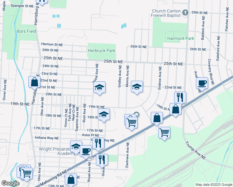 map of restaurants, bars, coffee shops, grocery stores, and more near 2015 Gridley Avenue Northeast in Canton