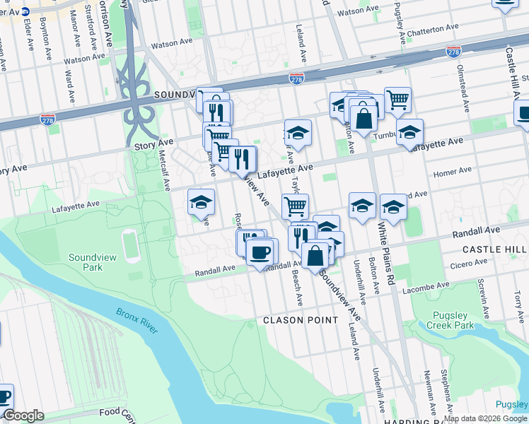 map of restaurants, bars, coffee shops, grocery stores, and more near 715 Saint Lawrence Avenue in Bronx