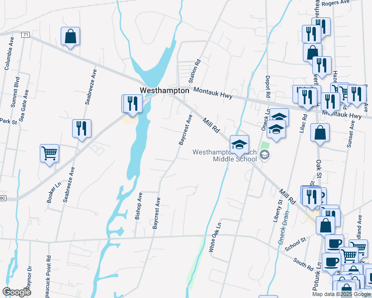 map of restaurants, bars, coffee shops, grocery stores, and more near 16 Baycrest Avenue in Westhampton