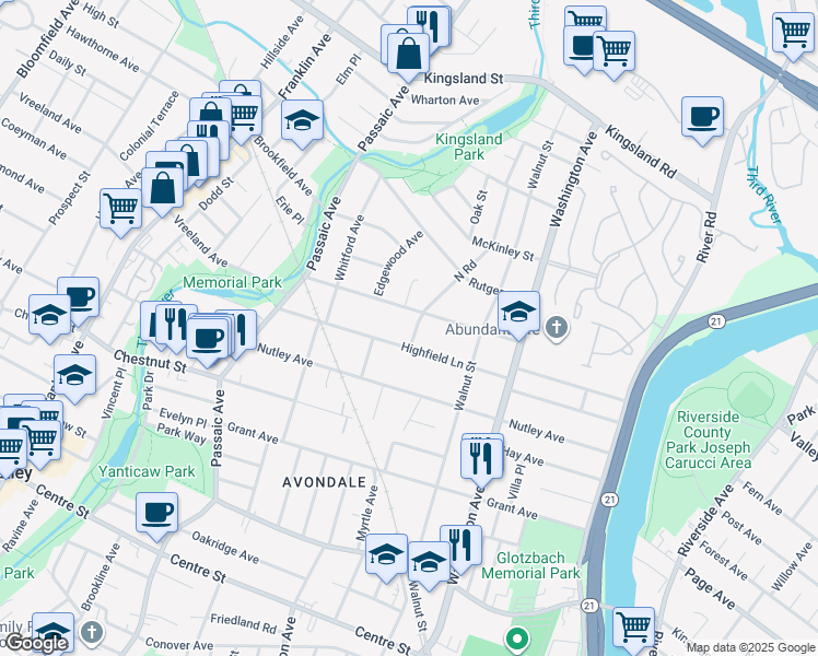 map of restaurants, bars, coffee shops, grocery stores, and more near 13 North Road in Nutley