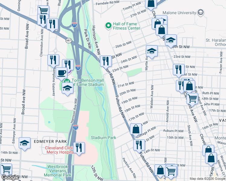 map of restaurants, bars, coffee shops, grocery stores, and more near 2021 Fulton Road Northwest in Canton