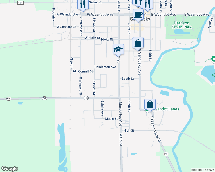map of restaurants, bars, coffee shops, grocery stores, and more near 469 Summit Street in Upper Sandusky
