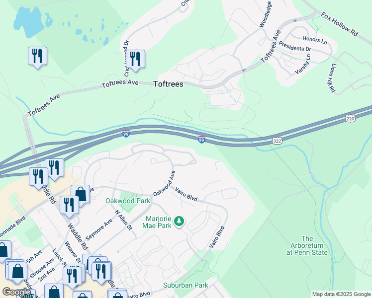 map of restaurants, bars, coffee shops, grocery stores, and more near 642 Oakwood Avenue in State College