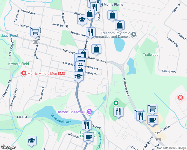 map of restaurants, bars, coffee shops, grocery stores, and more near 23 Kennedy Road in Morristown