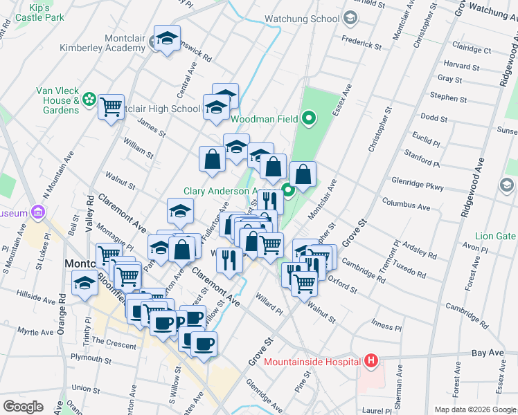 map of restaurants, bars, coffee shops, grocery stores, and more near 123 Forest Street in Montclair