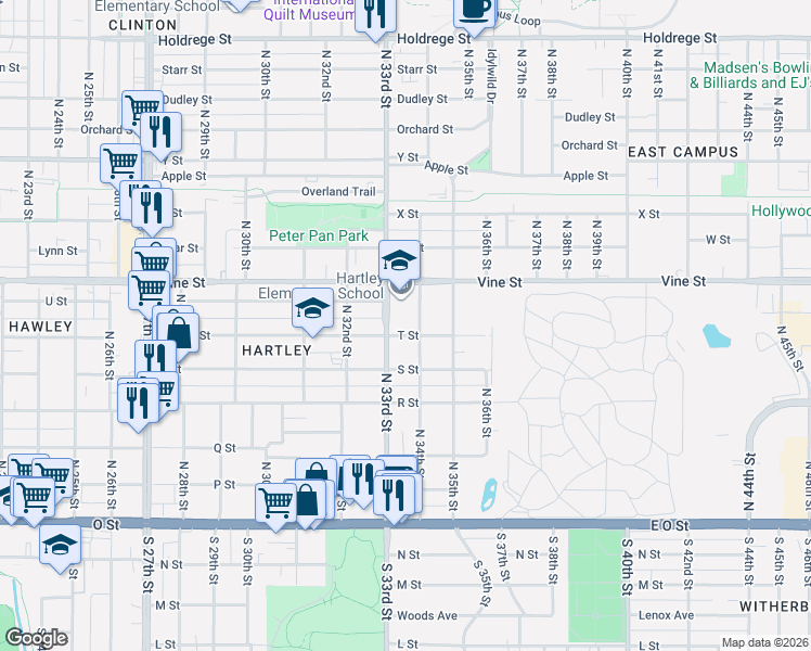 map of restaurants, bars, coffee shops, grocery stores, and more near 3330 T Street in Lincoln