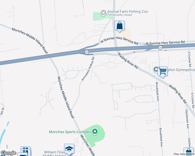 map of restaurants, bars, coffee shops, grocery stores, and more near 78 Acorn Circle in Moriches