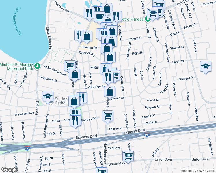 map of restaurants, bars, coffee shops, grocery stores, and more near 277 Hawkins Avenue in Lake Ronkonkoma