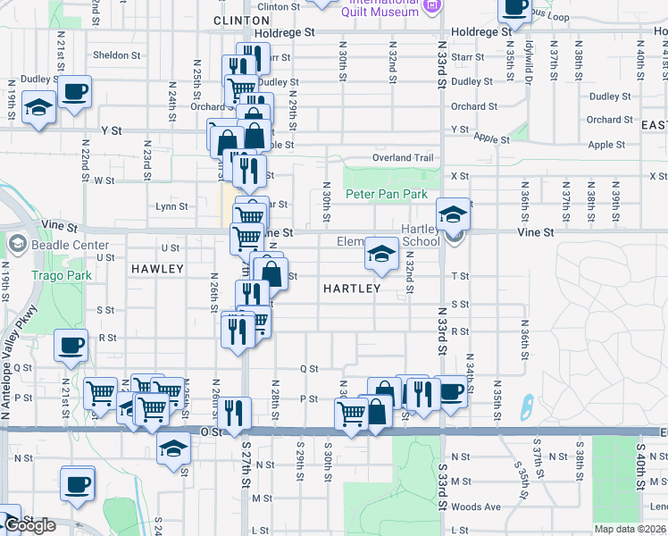map of restaurants, bars, coffee shops, grocery stores, and more near 3028 T Street in Lincoln
