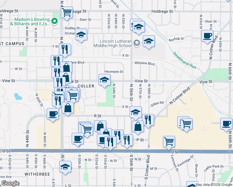 map of restaurants, bars, coffee shops, grocery stores, and more near 620 North 54th Street in Lincoln
