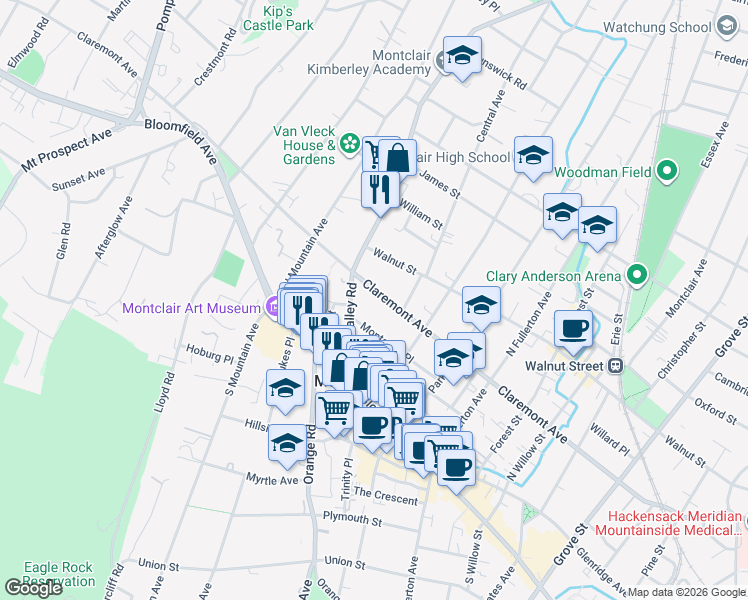 map of restaurants, bars, coffee shops, grocery stores, and more near 290 Claremont Avenue in Montclair