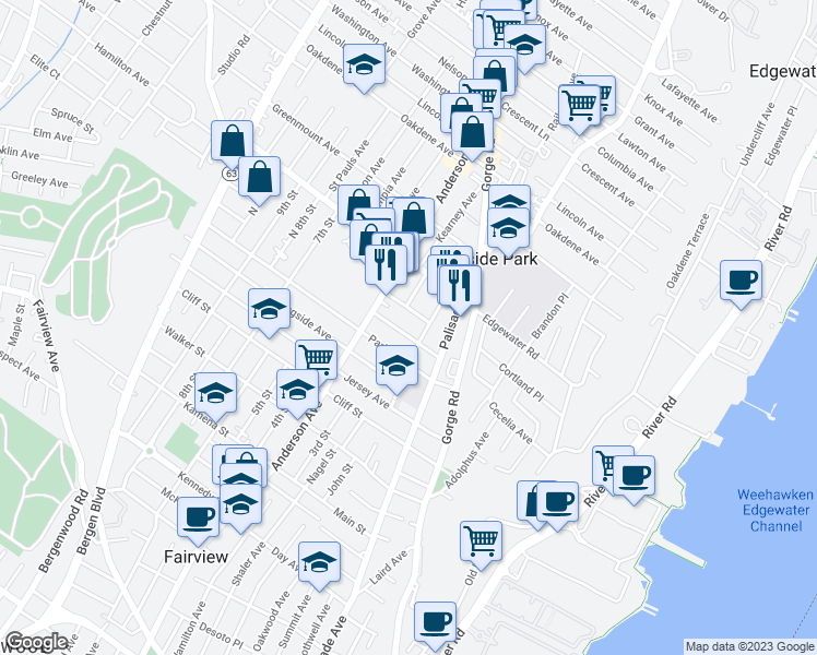 map of restaurants, bars, coffee shops, grocery stores, and more near 229 Clark Terrace in Cliffside Park