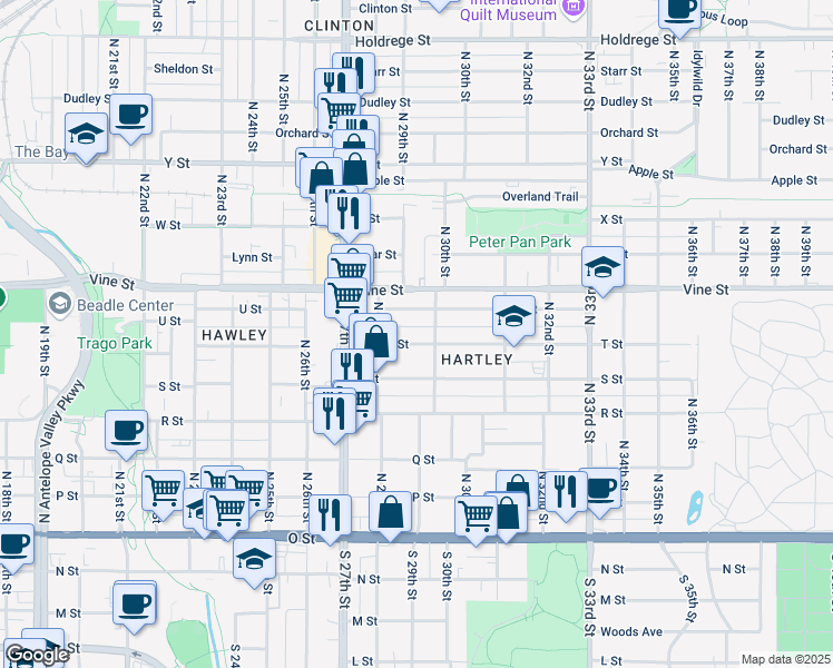 map of restaurants, bars, coffee shops, grocery stores, and more near 2920 T Street in Lincoln