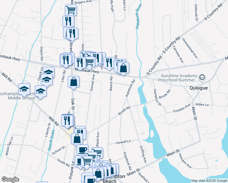 map of restaurants, bars, coffee shops, grocery stores, and more near 128 Beach Road in Westhampton Beach