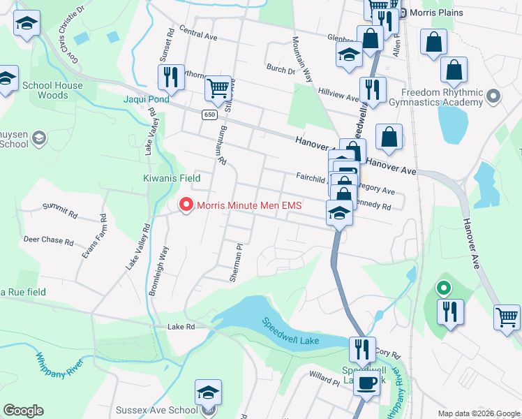 map of restaurants, bars, coffee shops, grocery stores, and more near 54 Mill Road in Morris Plains