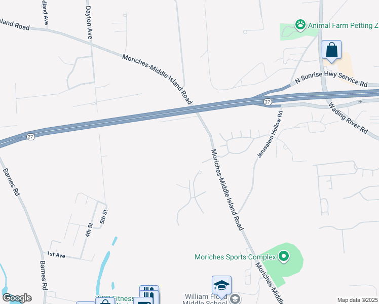 map of restaurants, bars, coffee shops, grocery stores, and more near 54 Misty Pond Circle in Moriches