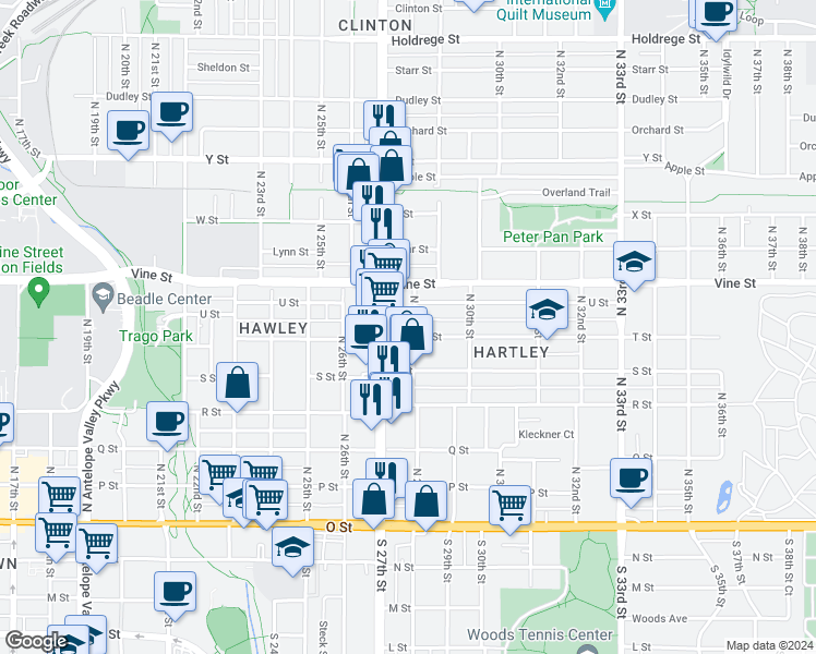 map of restaurants, bars, coffee shops, grocery stores, and more near 603 North 28th Street in Lincoln