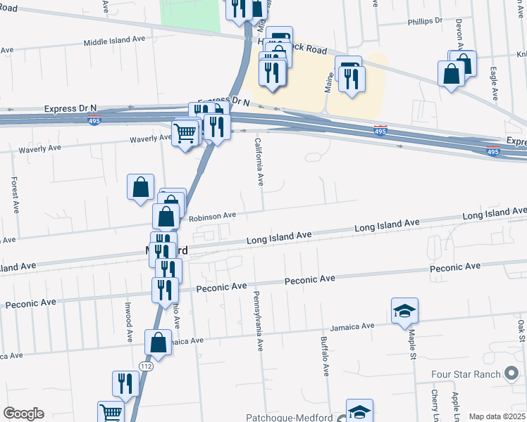 map of restaurants, bars, coffee shops, grocery stores, and more near Robinson Avenue & California Avenue in Medford