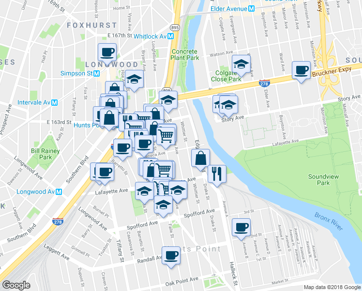 map of restaurants, bars, coffee shops, grocery stores, and more near 1345 Seneca Avenue in Bronx