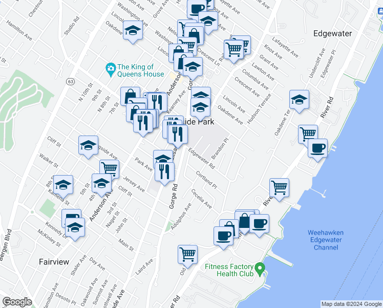 map of restaurants, bars, coffee shops, grocery stores, and more near 132 Edgewater Road in Cliffside Park