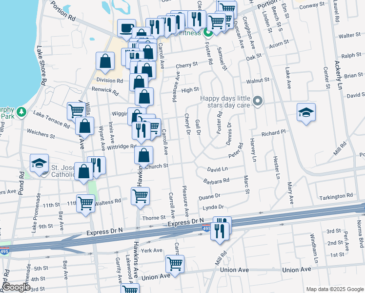 map of restaurants, bars, coffee shops, grocery stores, and more near 95 Pleasure Avenue in Ronkonkoma