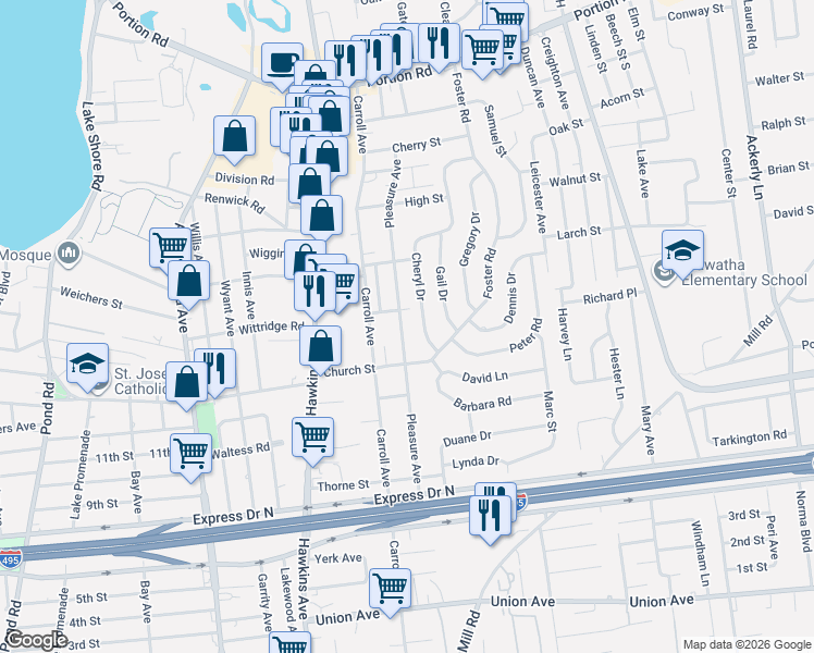map of restaurants, bars, coffee shops, grocery stores, and more near 95 Pleasure Avenue in Ronkonkoma