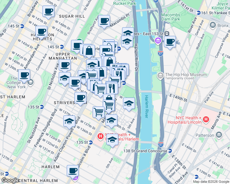 map of restaurants, bars, coffee shops, grocery stores, and more near 105 West 143rd Street in New York
